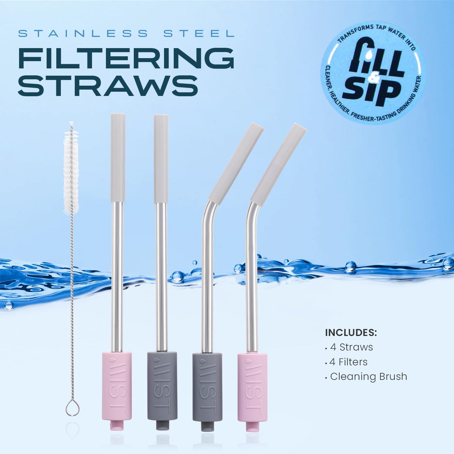 Reusable Stainless Steel Filtering Straws with Brush - 2 Grey and 2 Pink