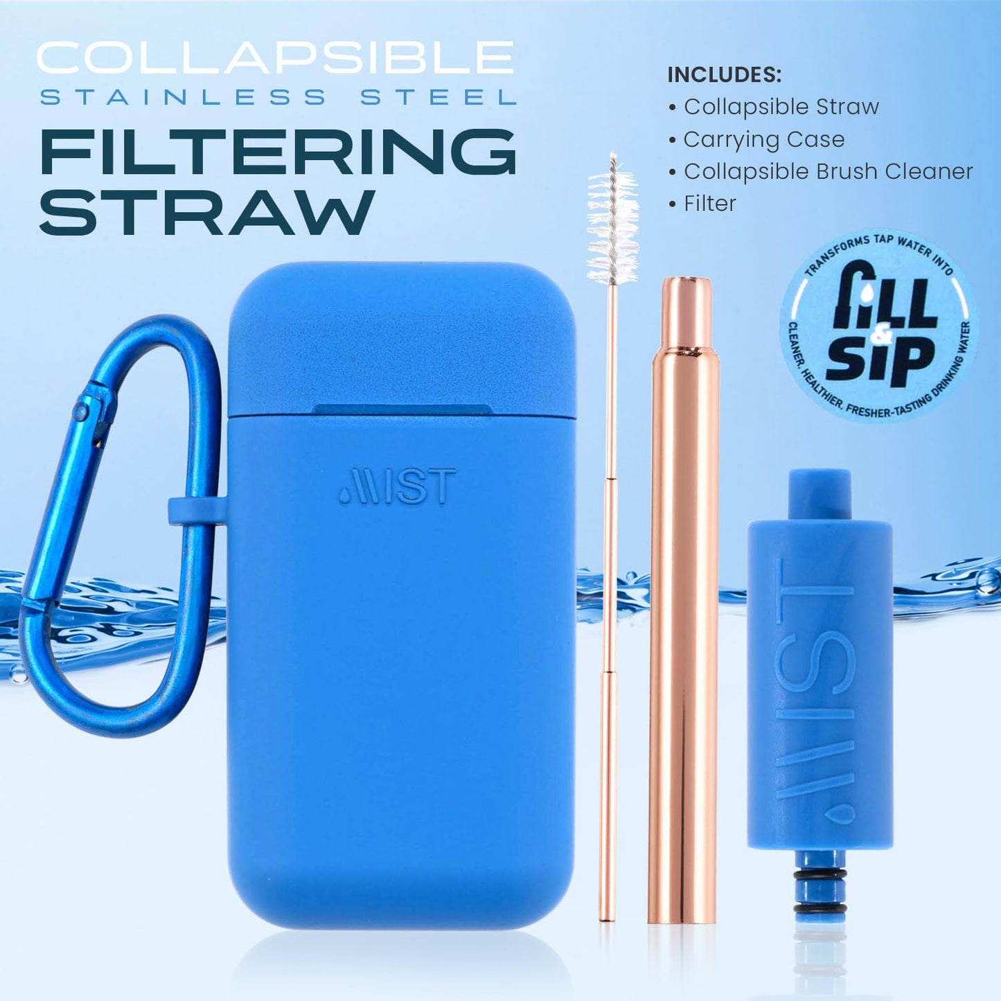 Reusable Stainless Steel Filtering Straw Collapsible With Carry Case and Brush